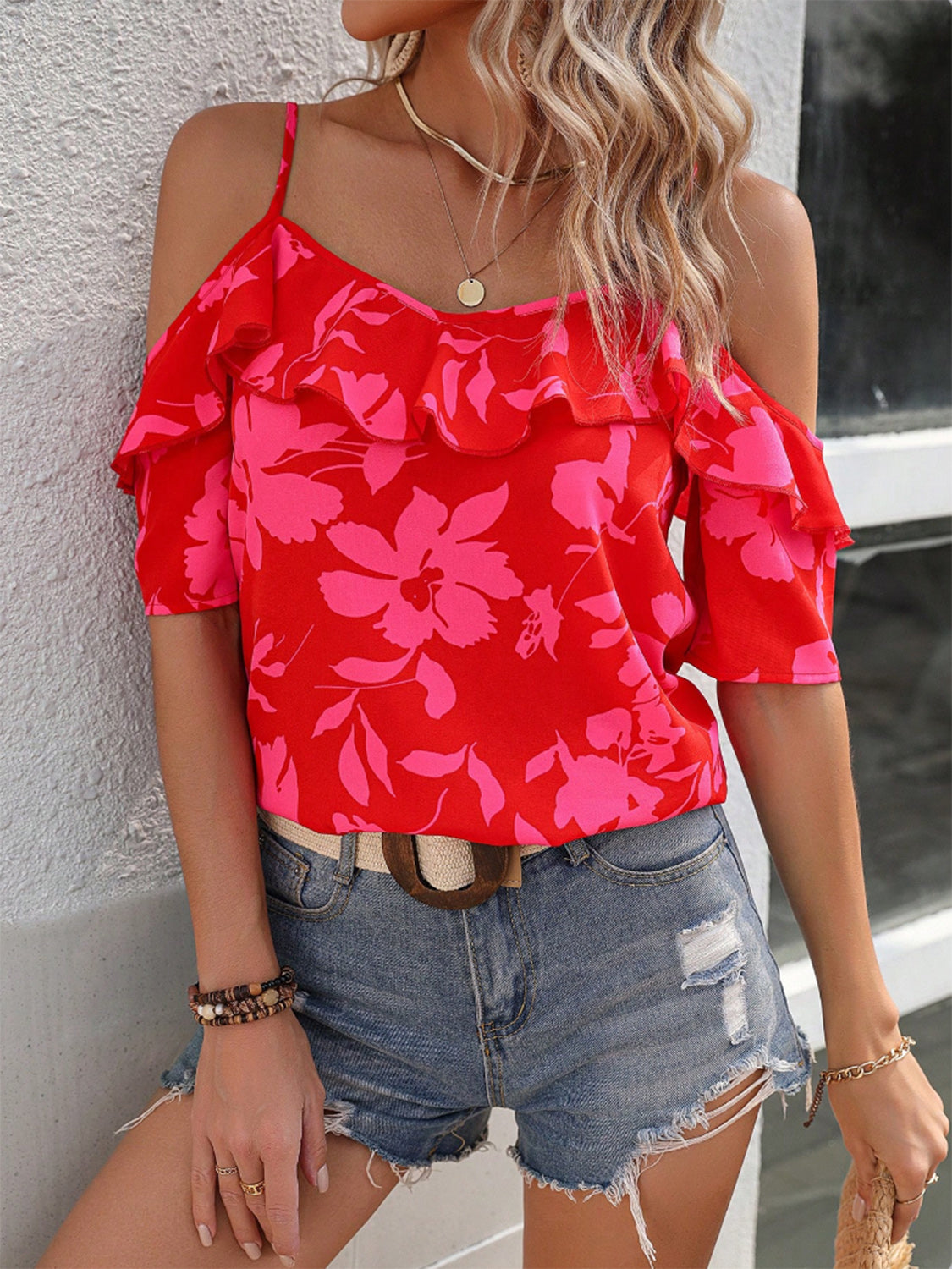 Printed Ruffled Short Sleeve Blouse