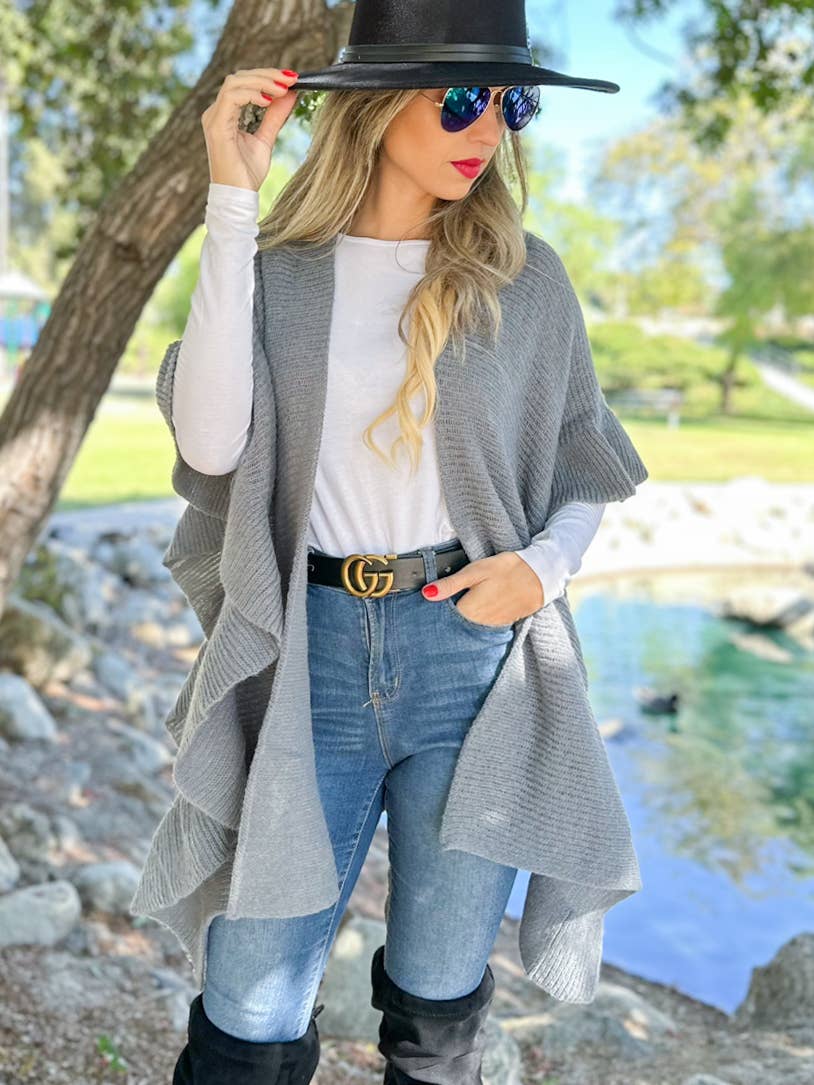 Soft Grey Ruffle Detail Open Front Lightweight Ruana Shawl