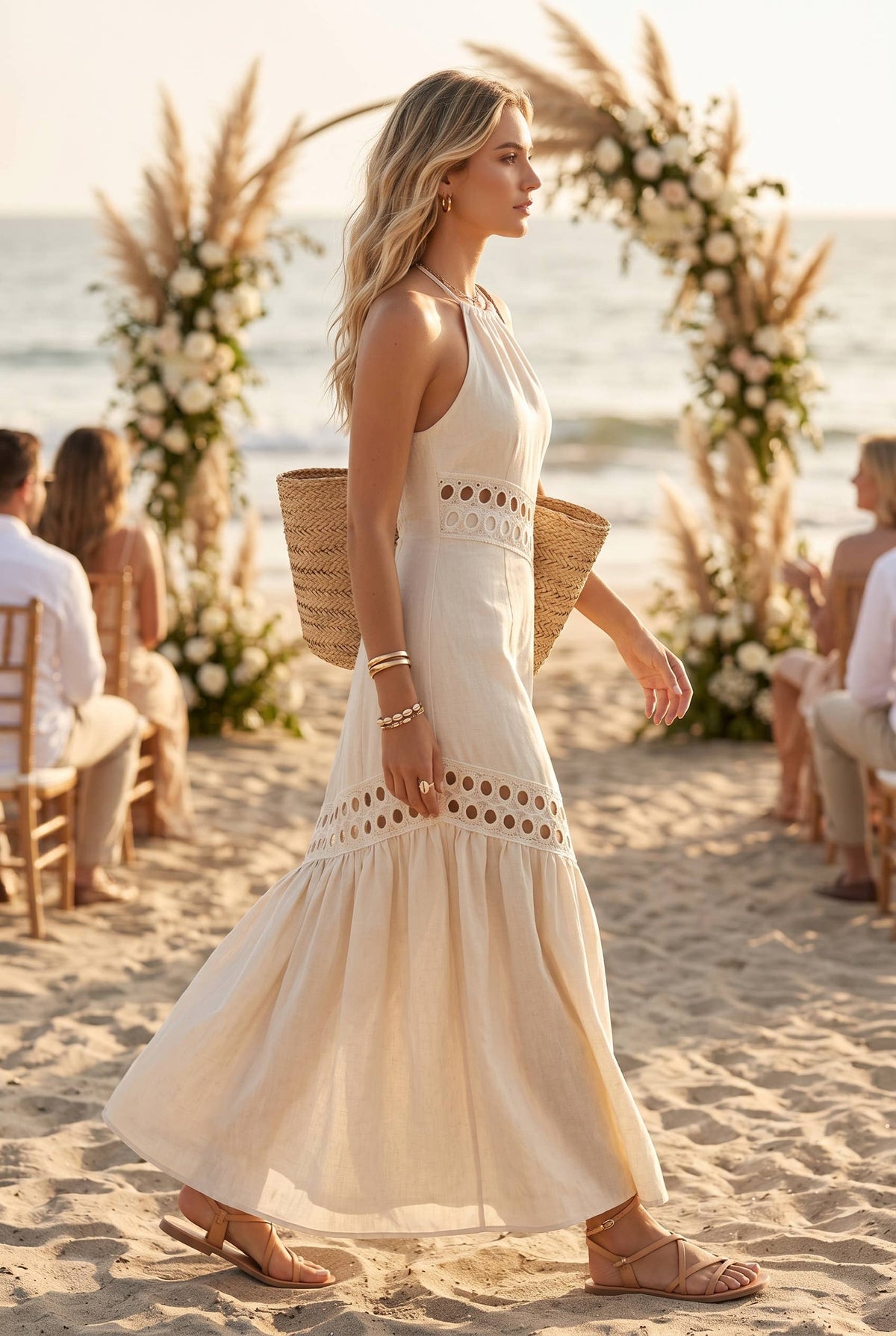 Cutwork lace trimmed maxi dress with halter neckline