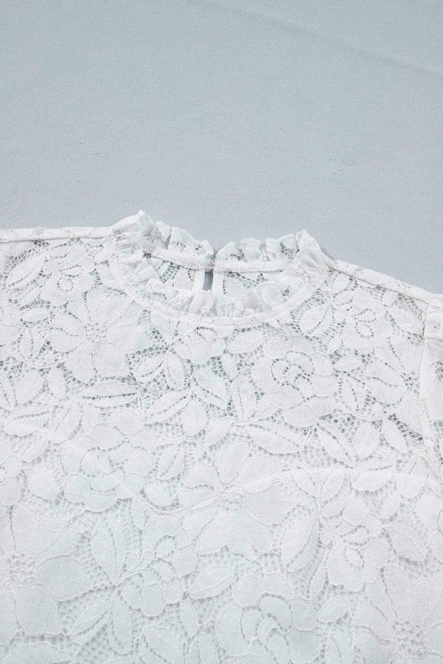 White Ruffled Round Neck Long Flounce Sleeve Sheer Lace Blouse