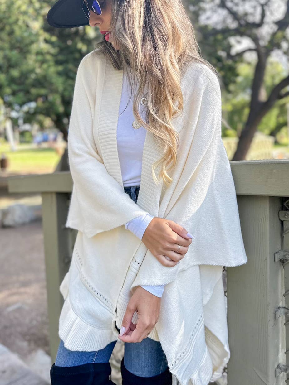 Elegant Brown Ruffled Knit Cape Shawl Ruana