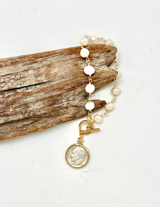 Bracelet Genuine American Dime 90%Silver Freshwater Pearl 7”