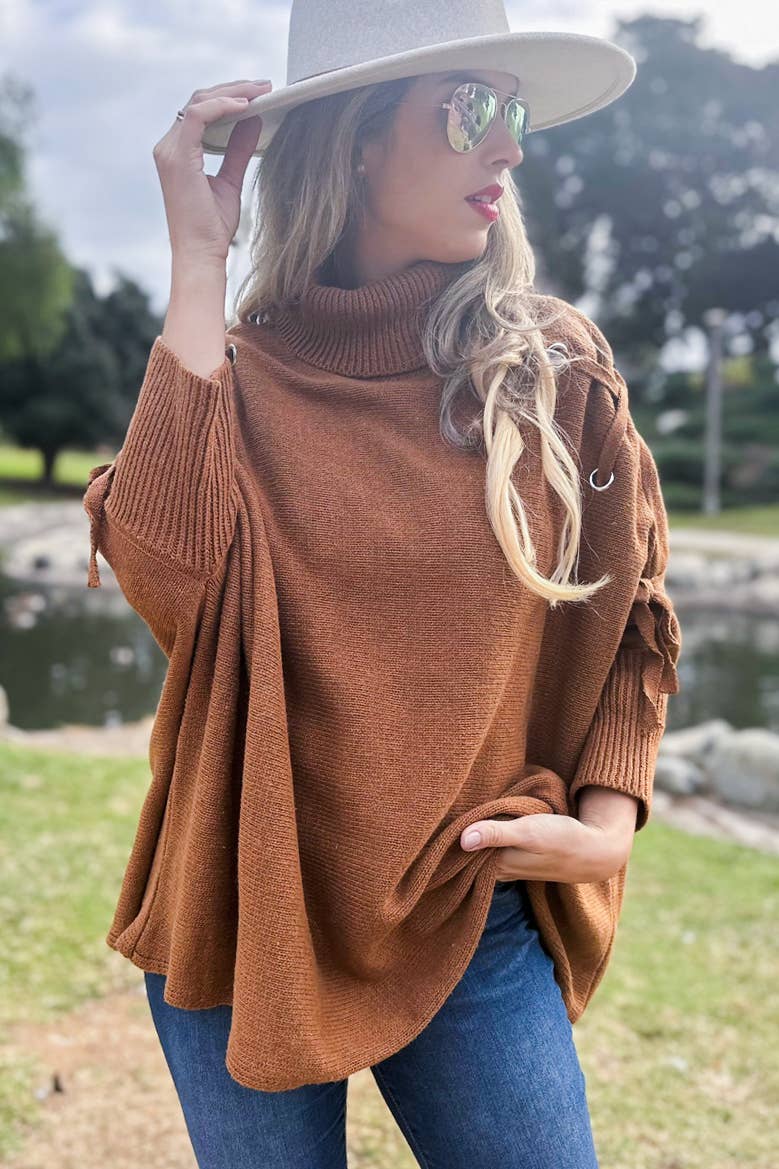 Cognac Lace-Up Sleeve Turtleneck Knitted Poncho Top