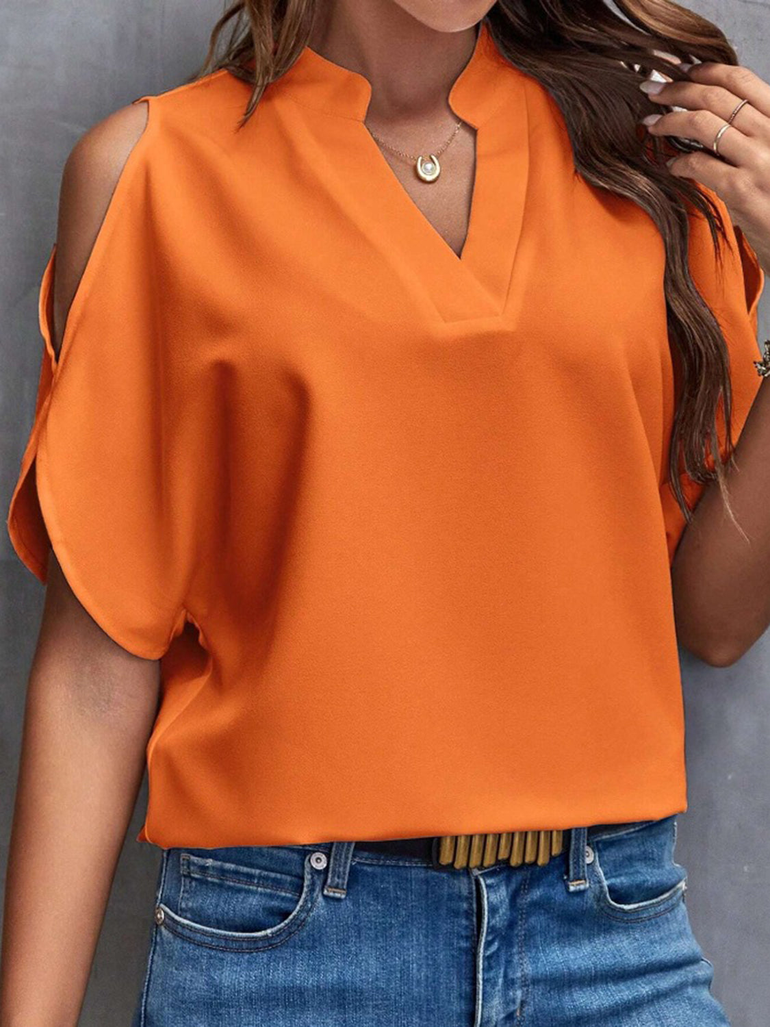 Notched Cold Shoulder Half Sleeve Blouse