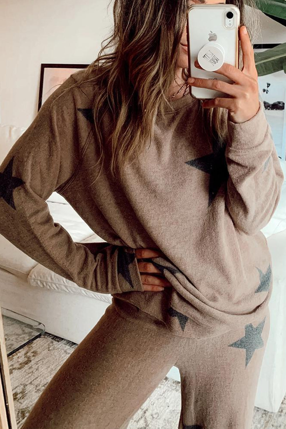 Khaki Retro Star Print Long Sleeve Pullover Drawstring Wide Leg Pajama Set