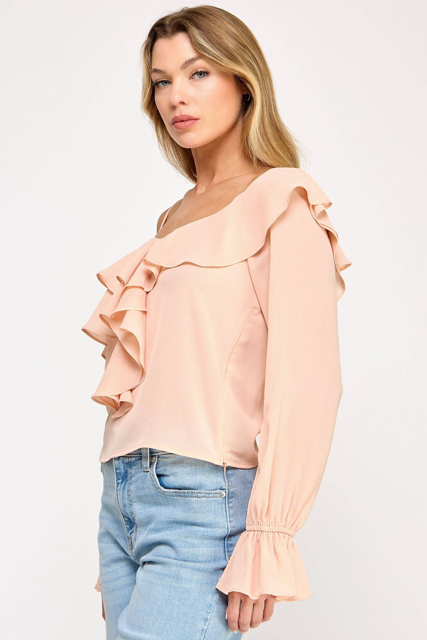 Ava Long Sleeve Top - Off Shoulder Ruffle Sheer