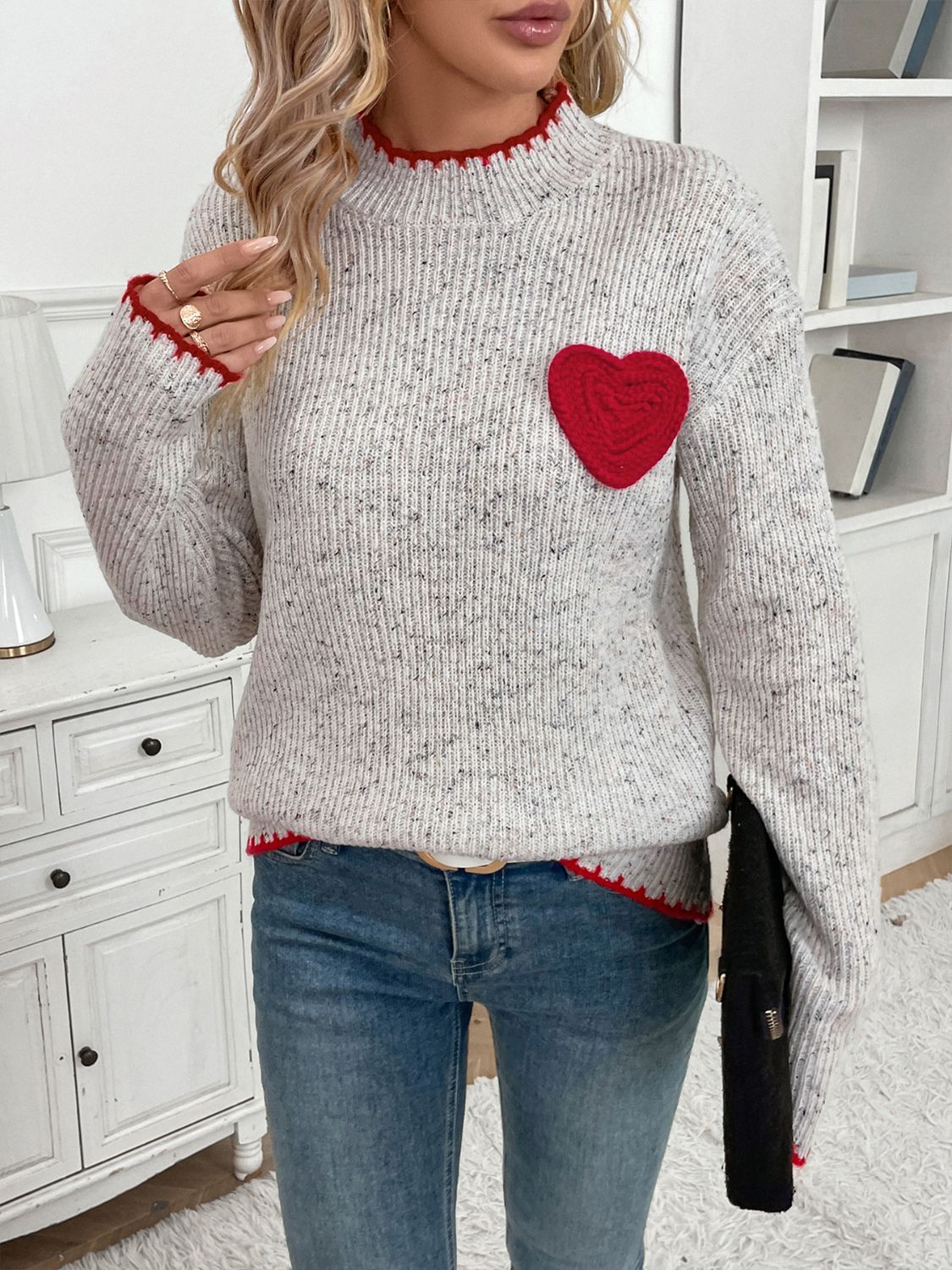 Light Gray Heart Round Neck Long Sleeve Sweater