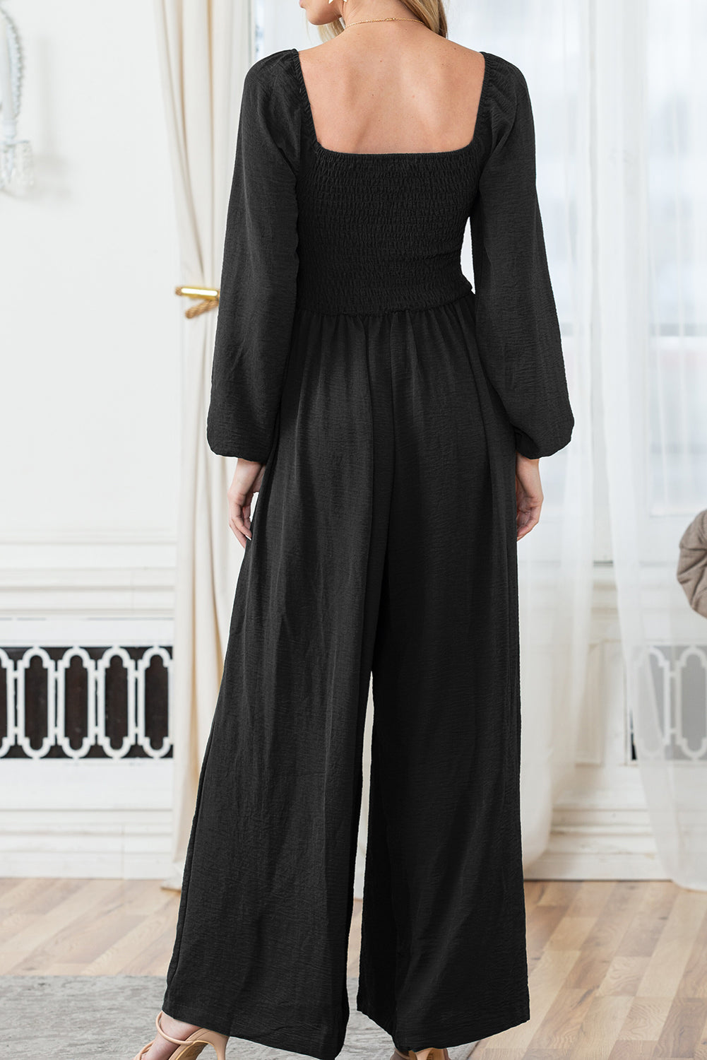 Smocked Square Neck Long Sleeve Wide Leg Jumpsuit