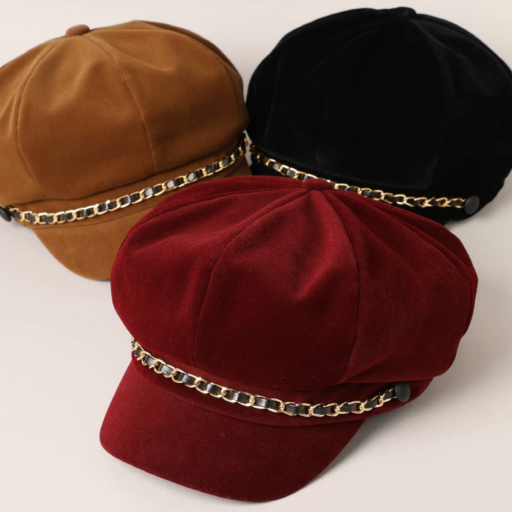 Stylish Newsboy Cap Cabbie Hat with Leather Chain