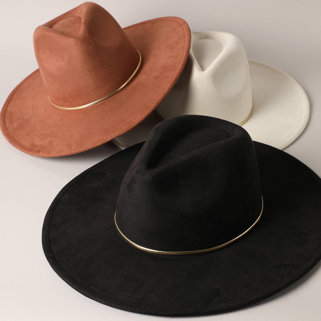 Gold Belt Wide Flat Brim Suede Fedora Hat