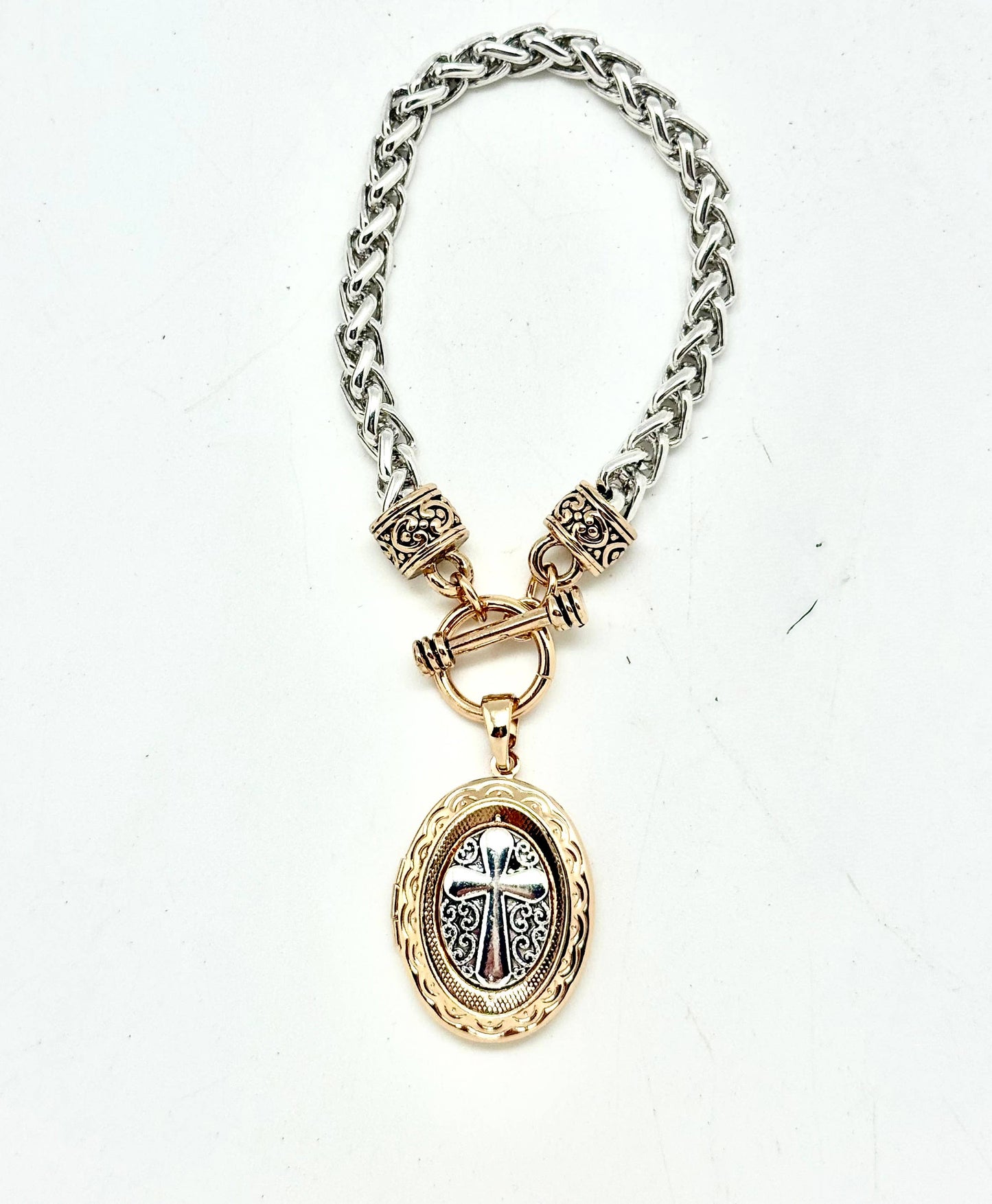 Bracelet Alloy Plated Silver Chain w/Gold Cross Locket 7”
