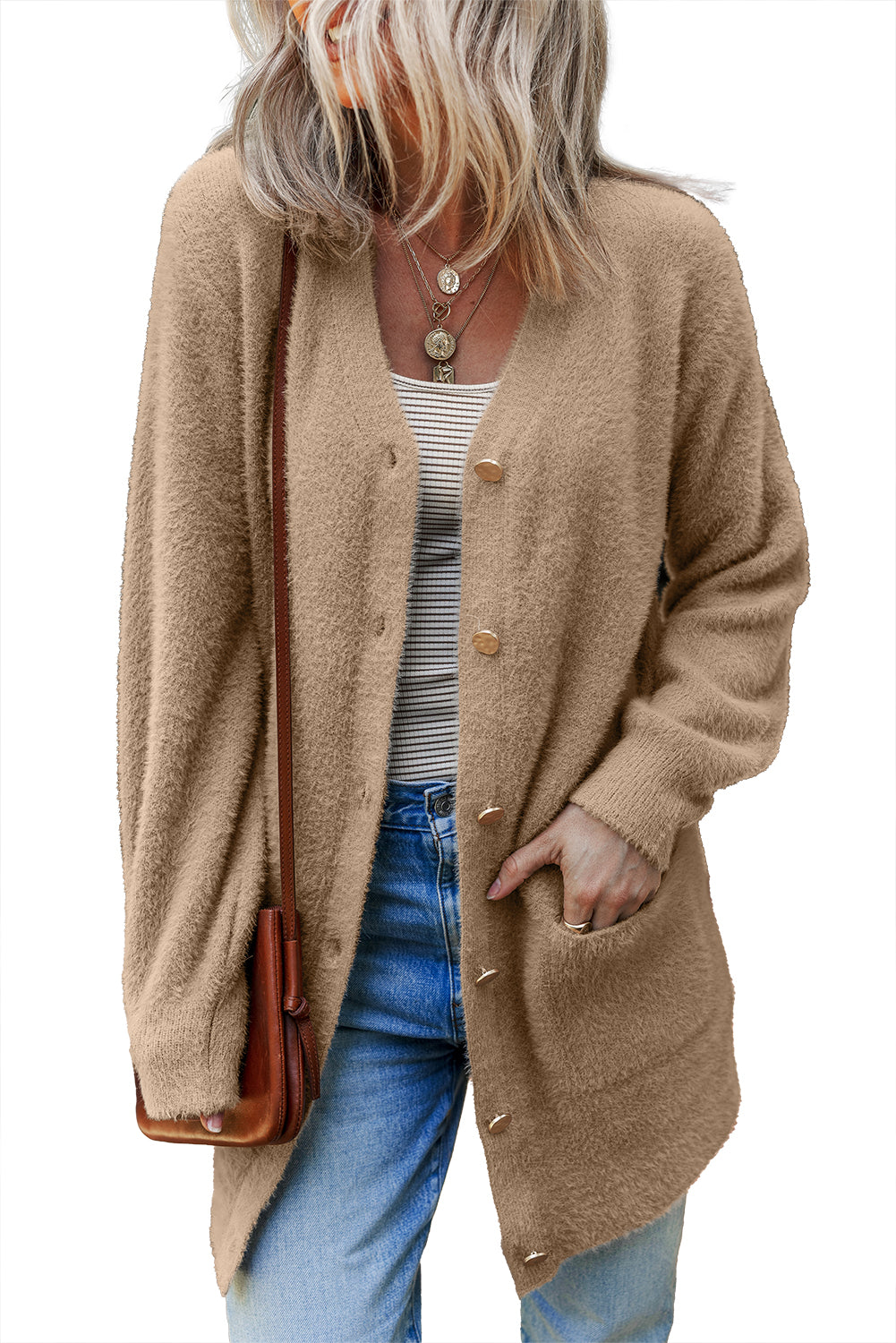Smoke Gray Fuzzy Buttoned Front Midi Solid Cardigan