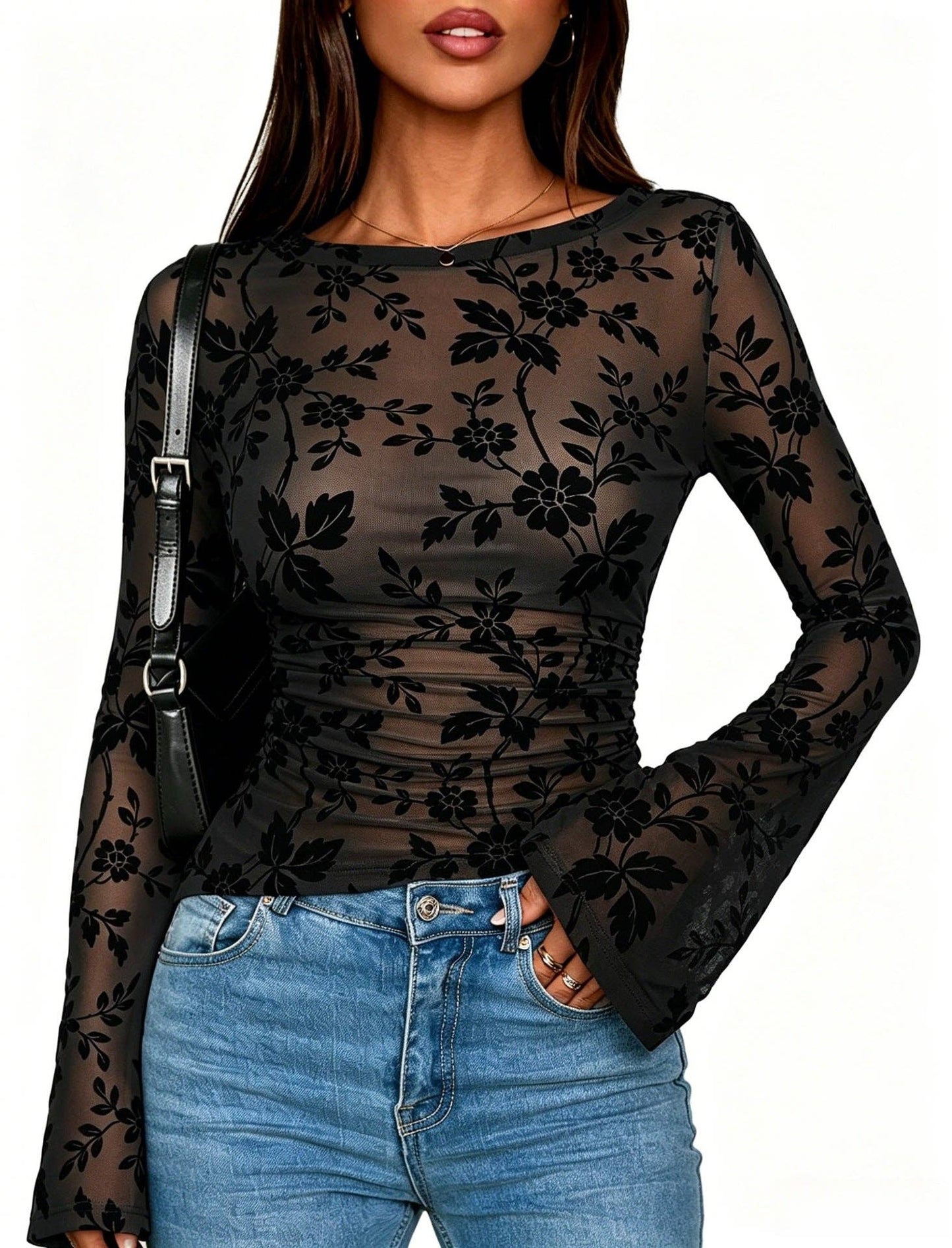 Floral Mesh Top Boutique Bell Sleeve Ruched Fitted Blouse