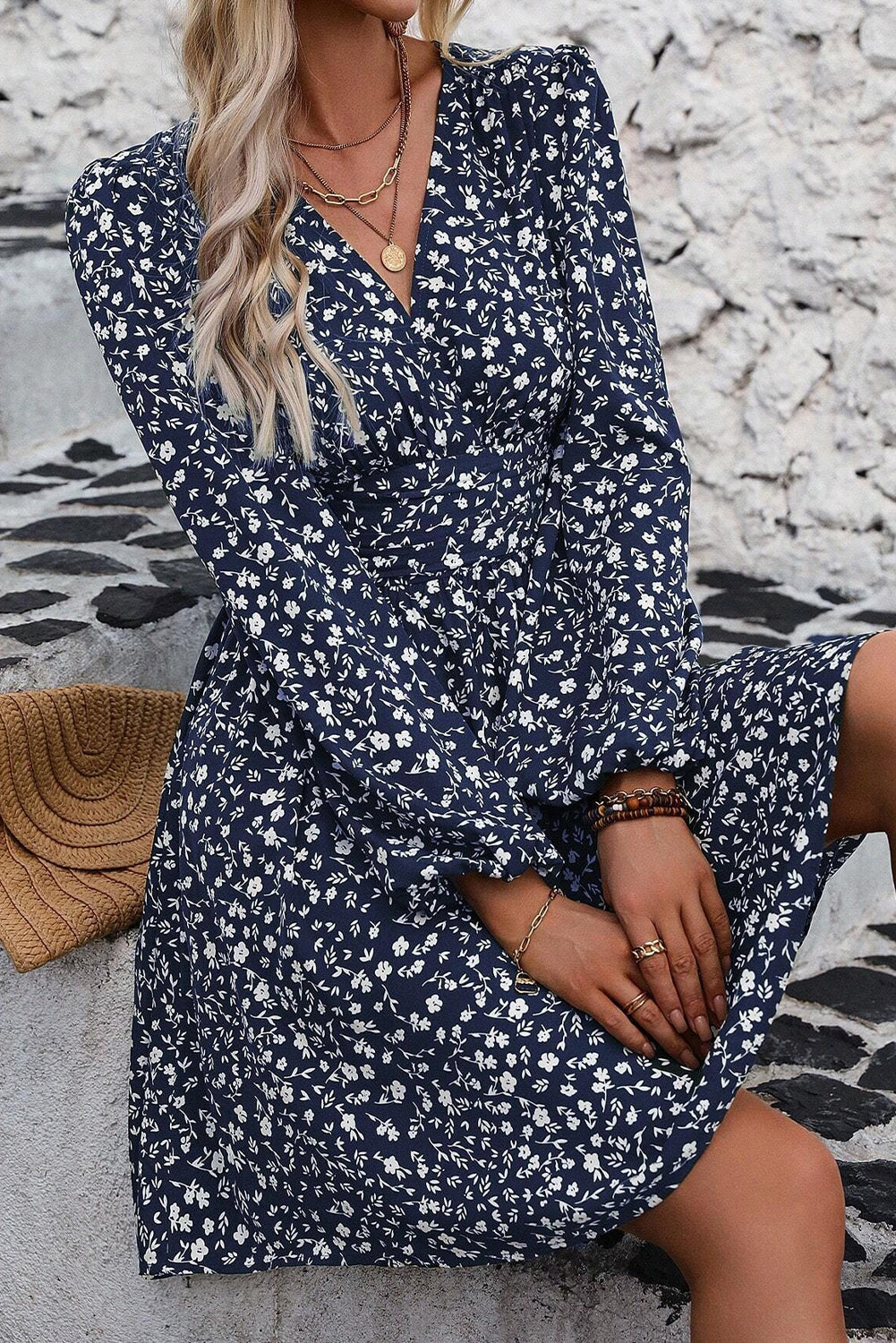 Blue Floral Print V Neck Long Sleeve Mini Dress