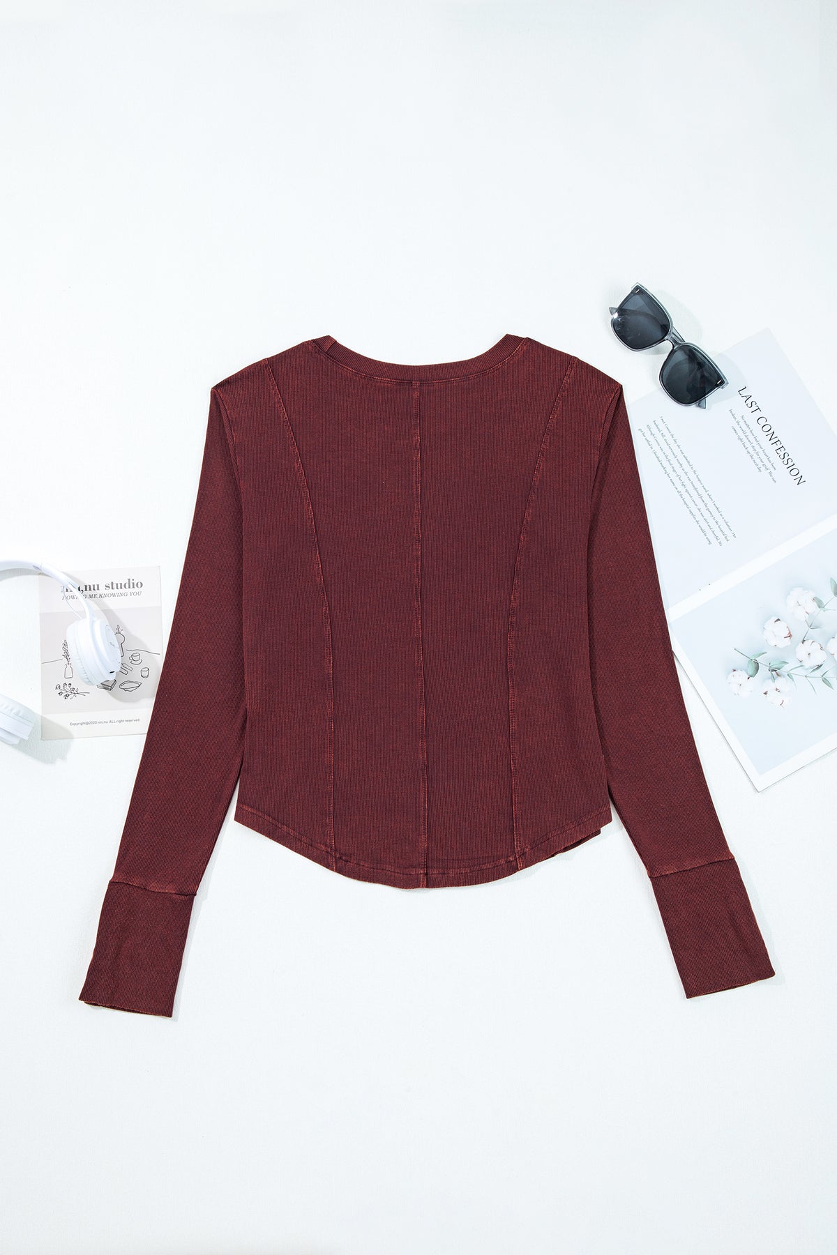 Coffee Exposed Seam Ribbed Long Sleeve Top
