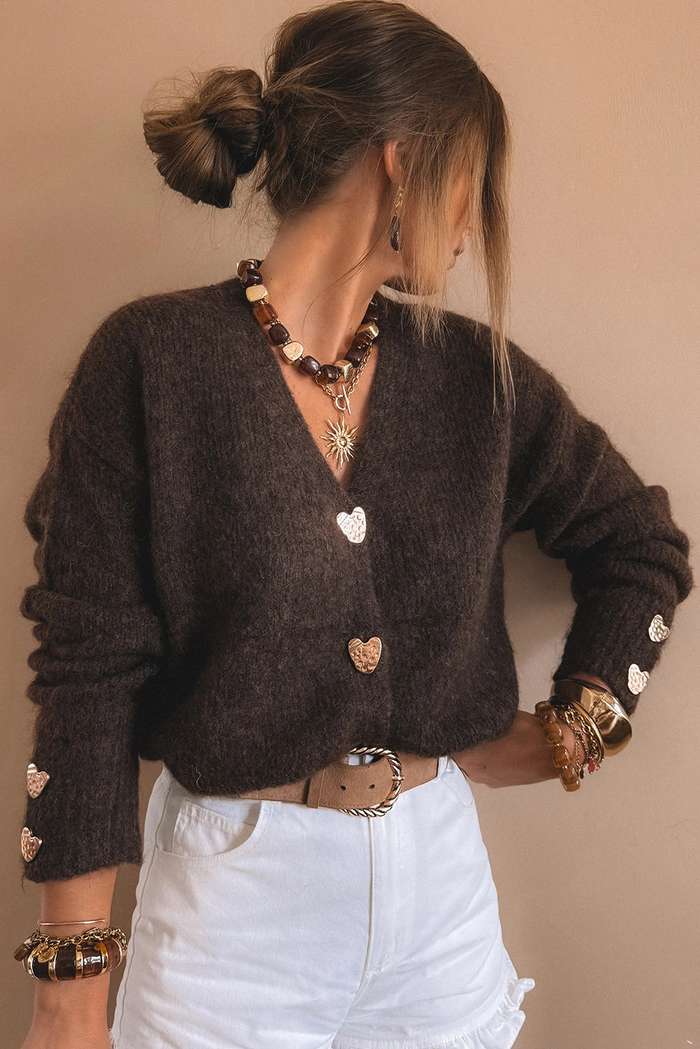 Chicory Coffee V Neck Metallic Heart Button Knit Cardigan