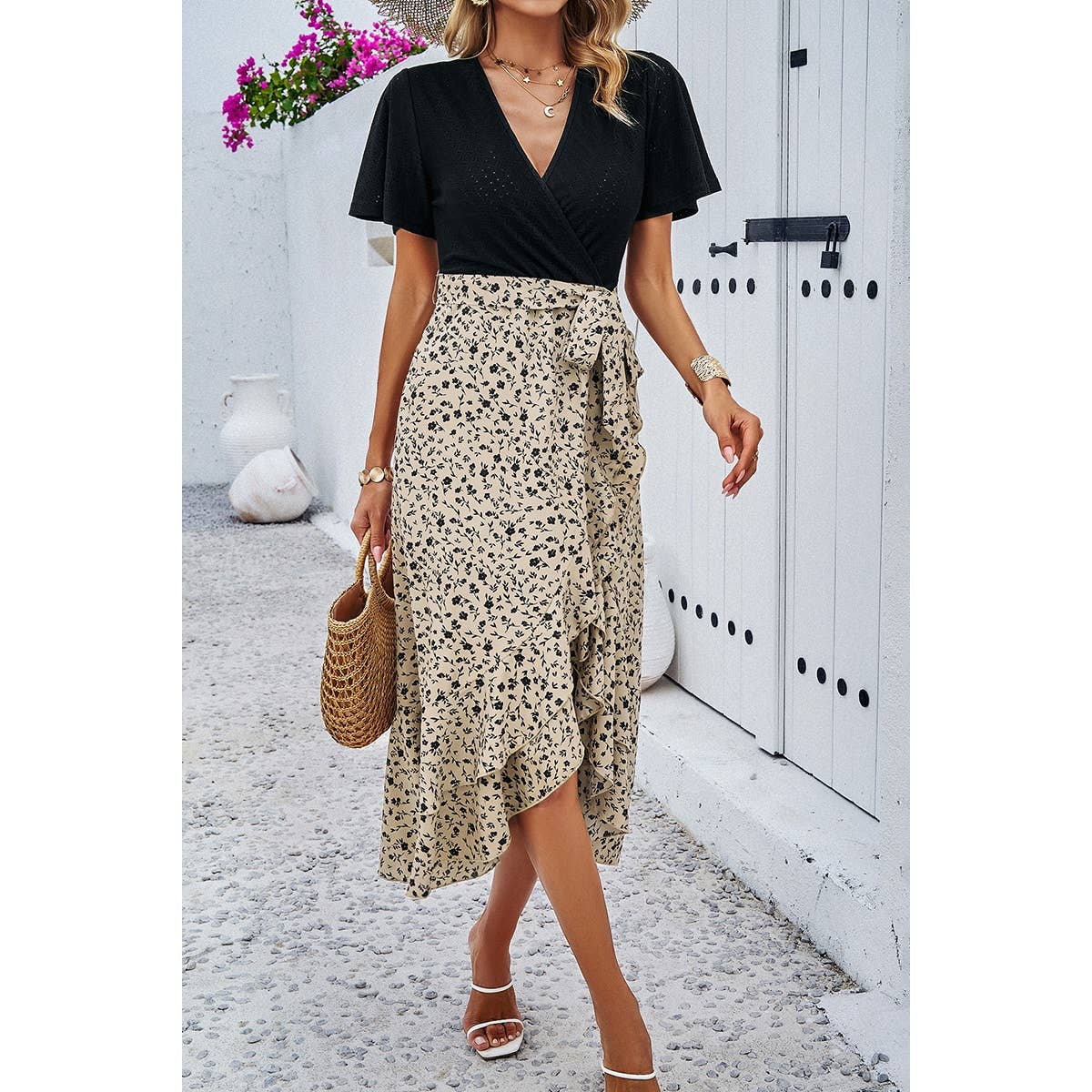 Lace V Neck Belt Print Dress