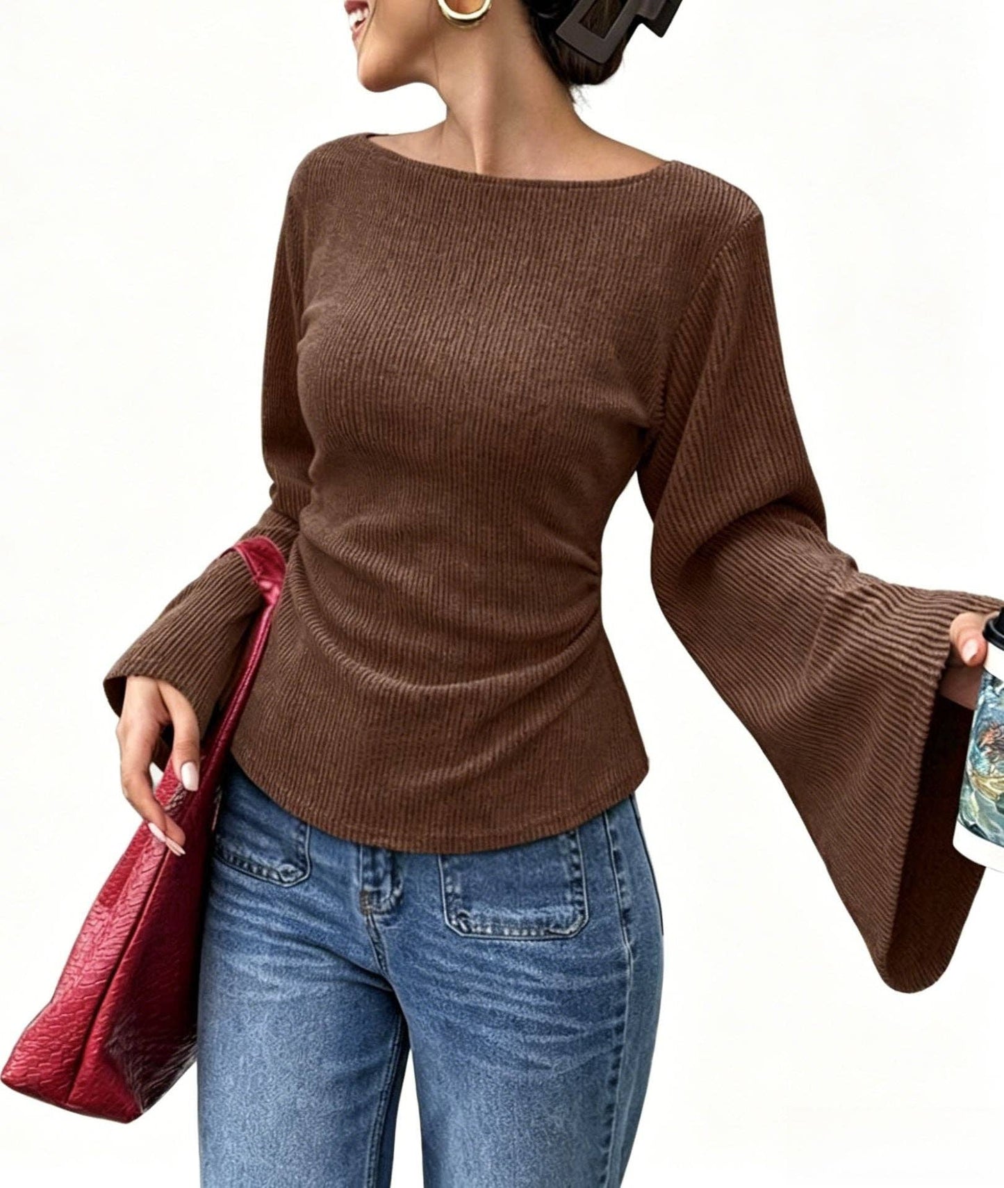 Slim Fit Bell Sleeve Ribbed Knit Top Casual Chic Women's Wear