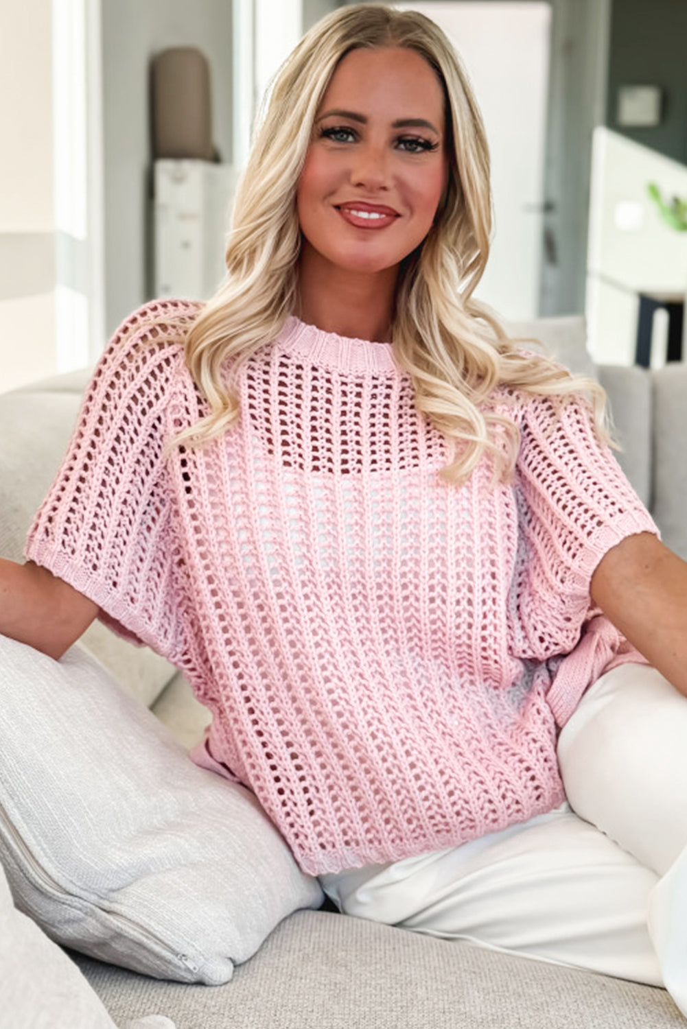 Pink Side Tie Hollow-out Crochet Knit Top