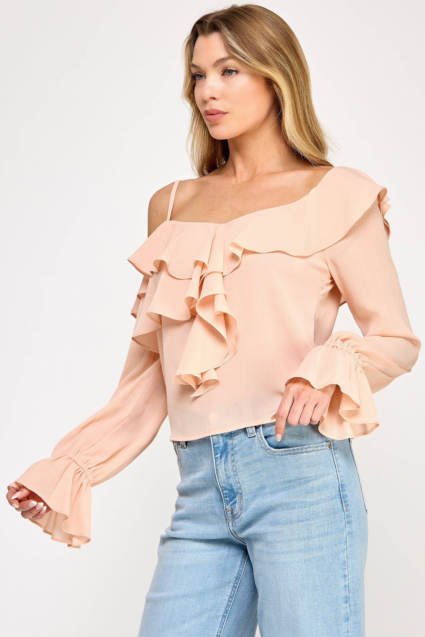 Ava Long Sleeve Top - Off Shoulder Ruffle Sheer