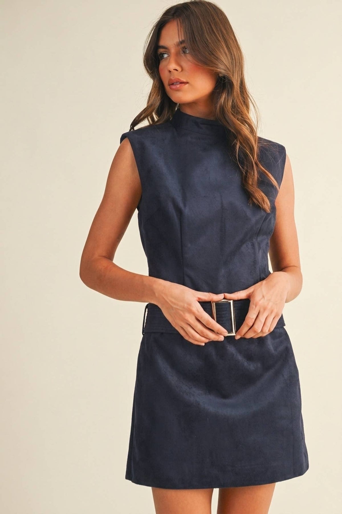 Belted Suede Mock Neck Dress