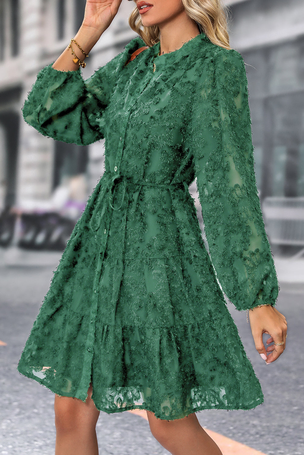 Dark Green Jacquard Long Sleeve Dress