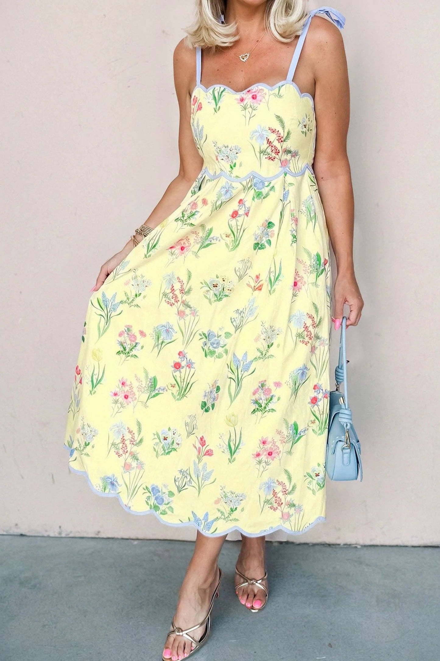 Beige Floral Print Contrast Trim Self-tie Straps Midi Dress
