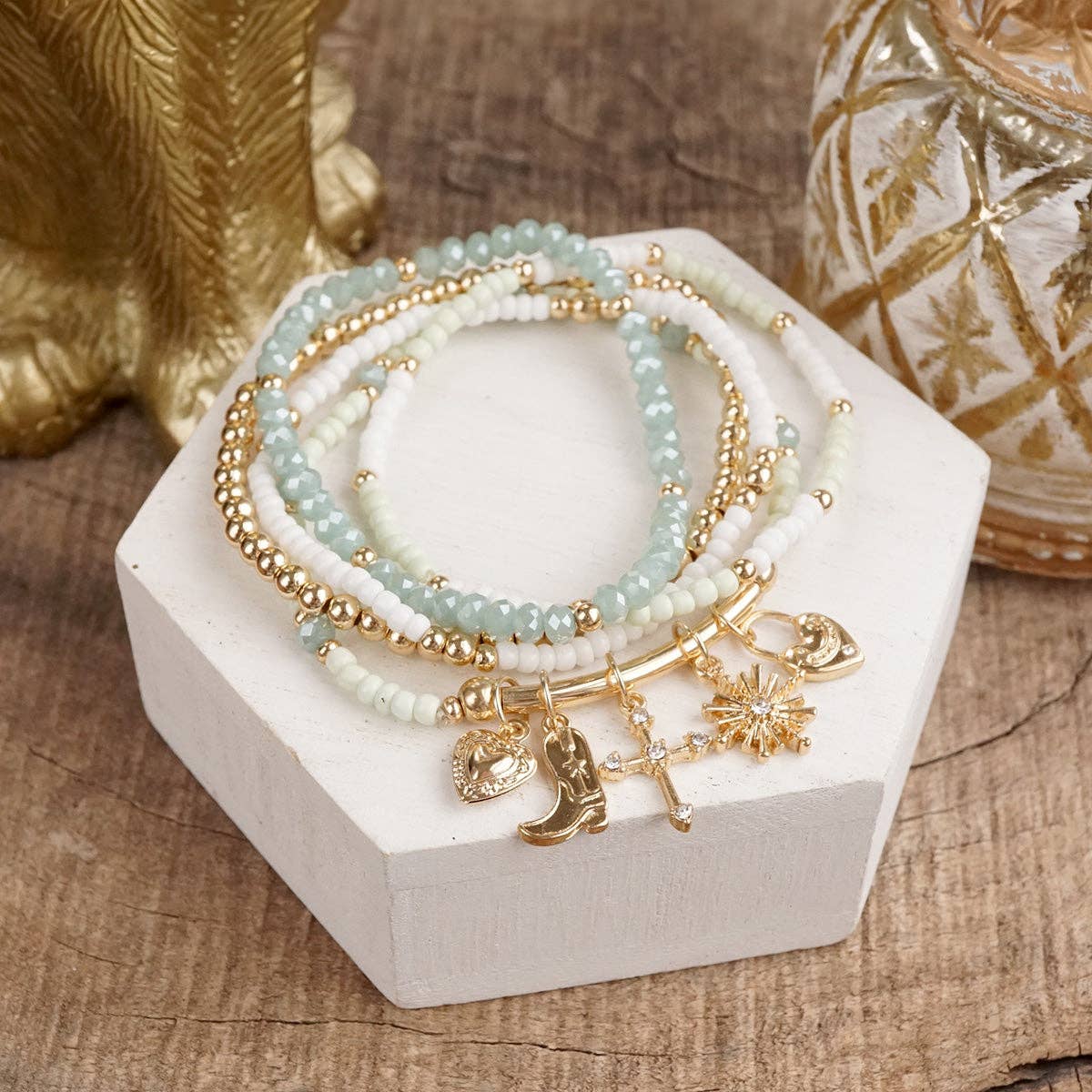 Charmed Whimsy – Set of 5 Mint & White Beaded Bracelets with Golden Charm Bar