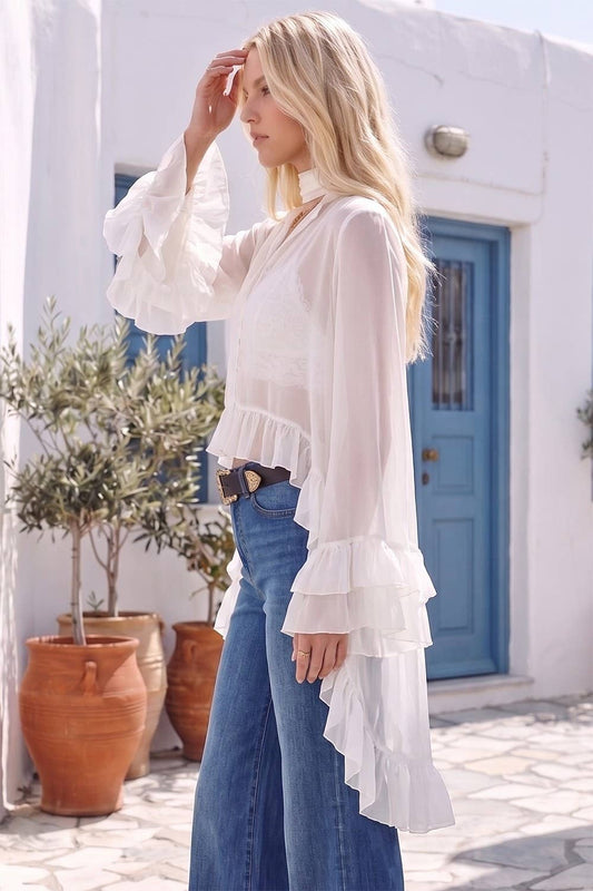 RUFFLED BLOUSE WITH MOCK NECK AND LONG ASYMMETRICAL SIDES