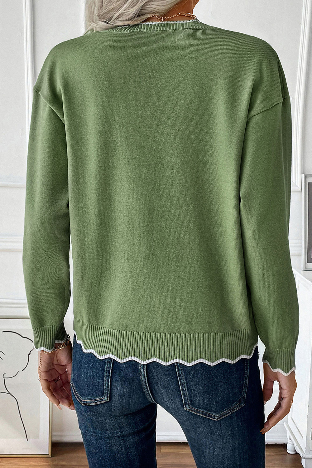 Vineyard Green Solid Color Border Open Zipper Sweater