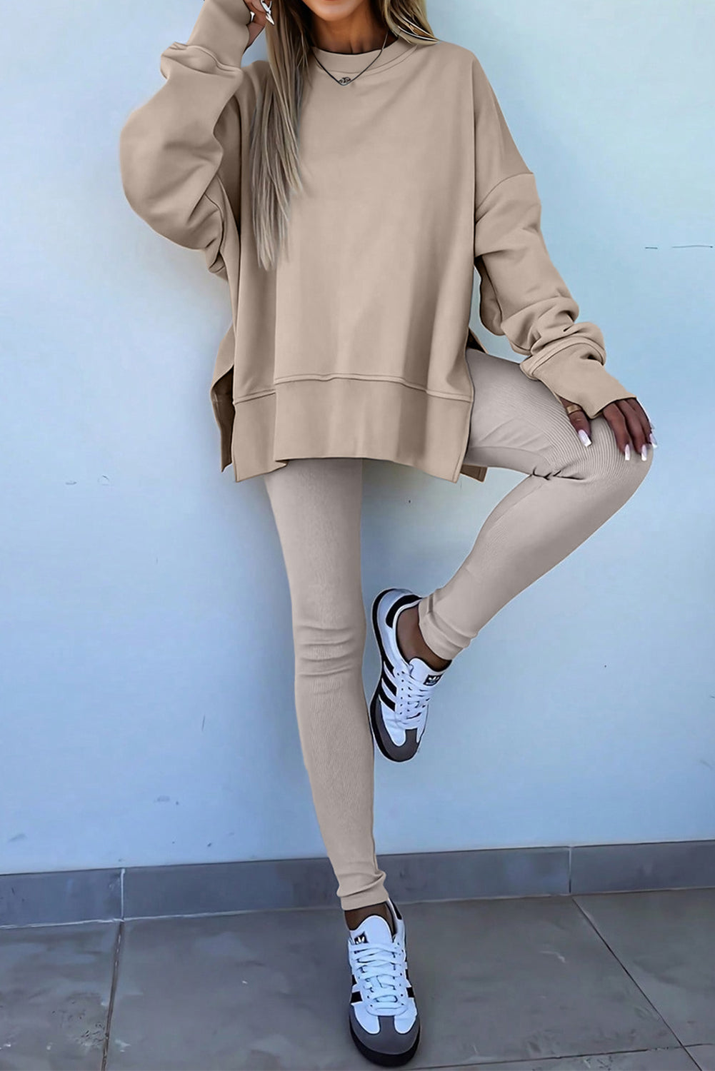 Orchid Mist Solid Color Oversized Slit Sweatshirt Ribbed Leggings Set