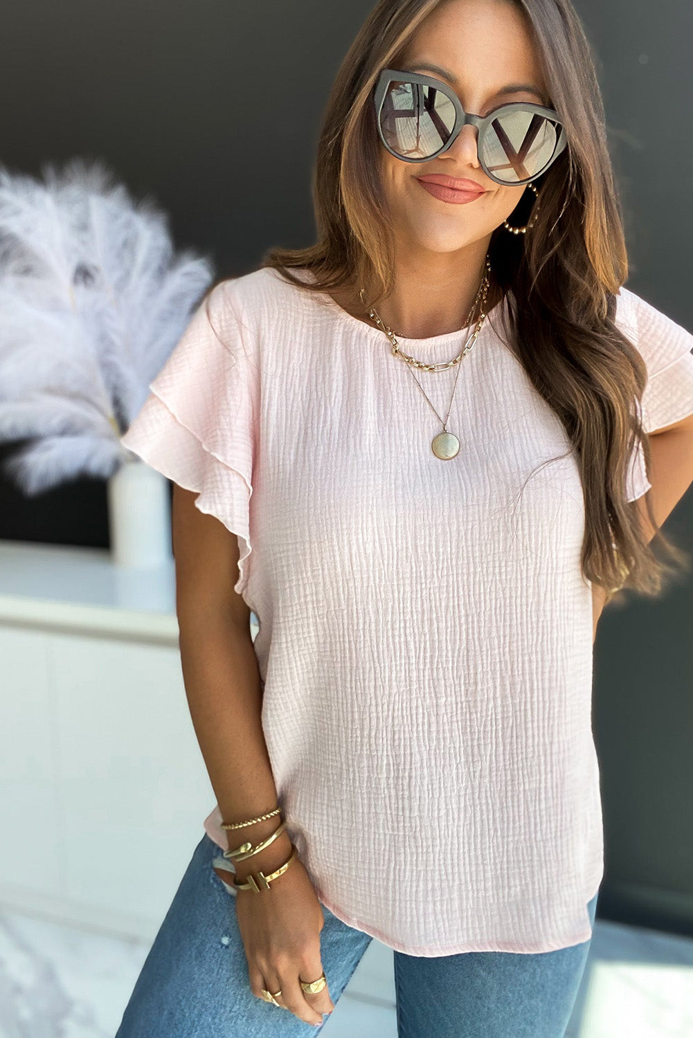 Pink Textured Tiered Ruffle Casual Short Sleeve Top