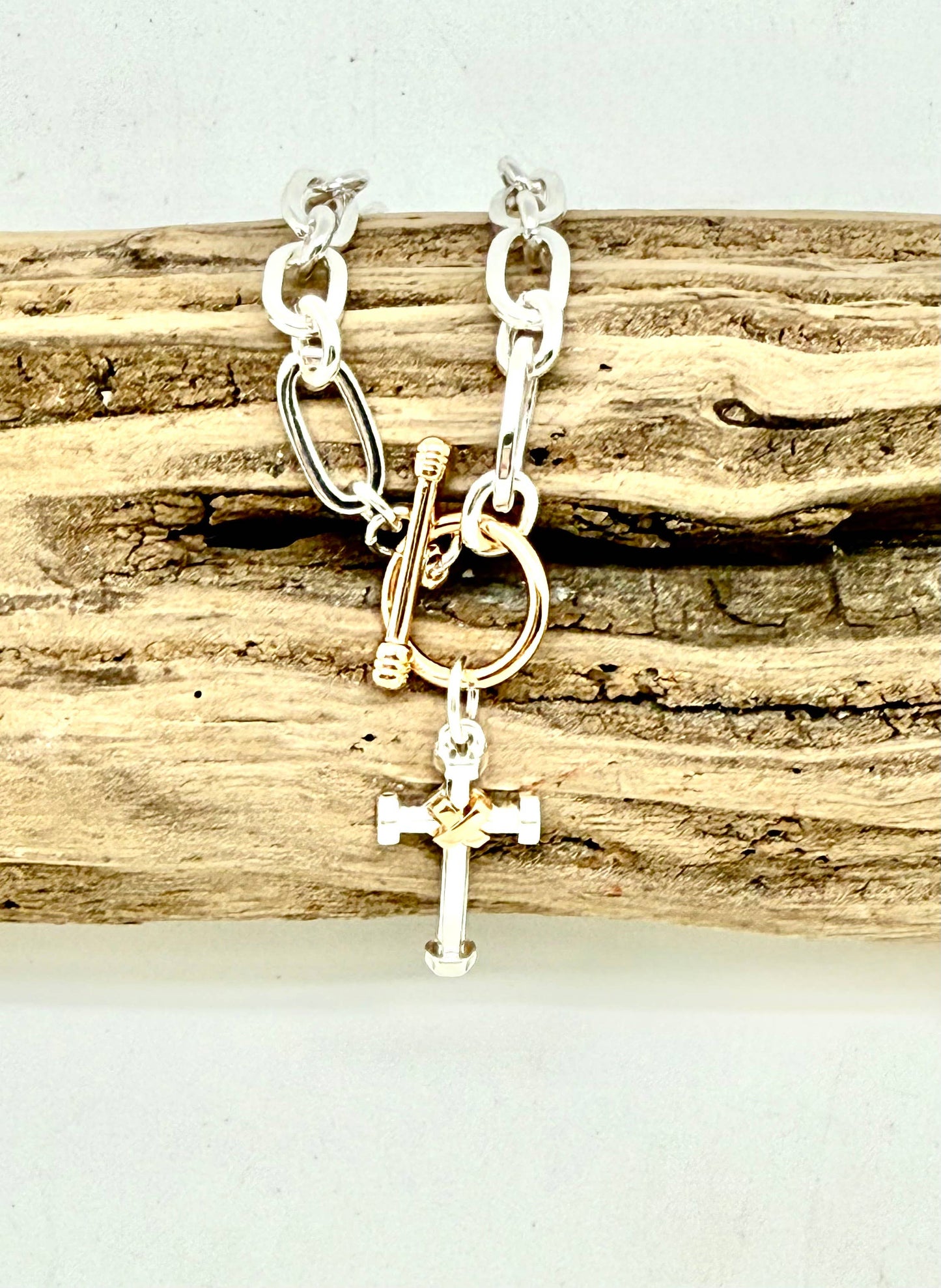 Bracelet Alloy Plated Silver Chain w/Multi Metal Cross 7”