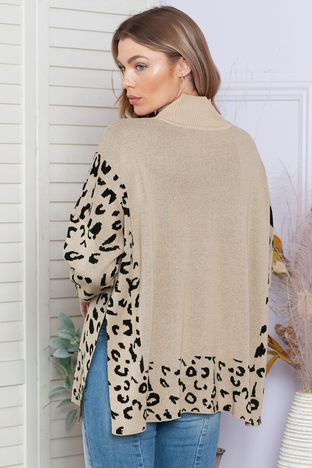 Gray Leopard Casual Side Slit High Neck Oversized Sweater