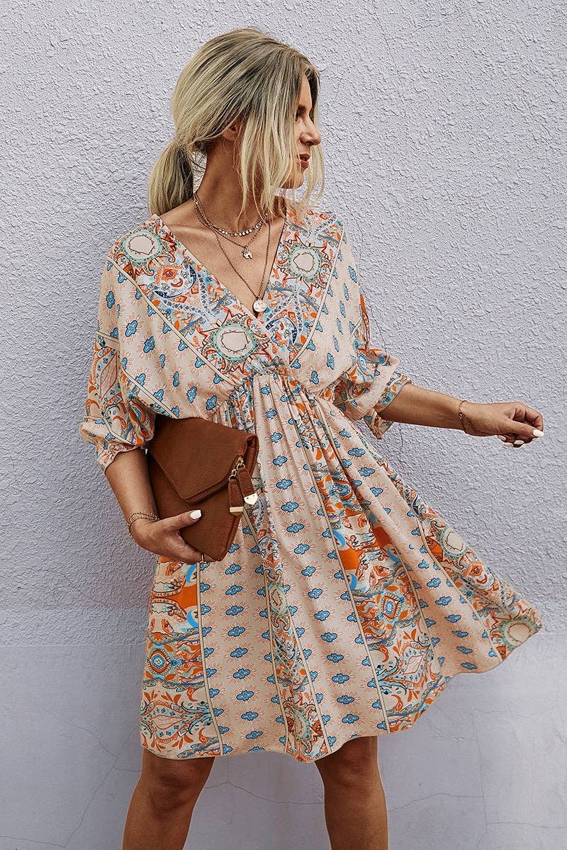 Boho Print Wrap Neck Tie Back Pleated Hem Dress