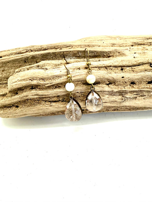Earring Amazonite Bead w/Teardrop Beveled Glass Antique Gold