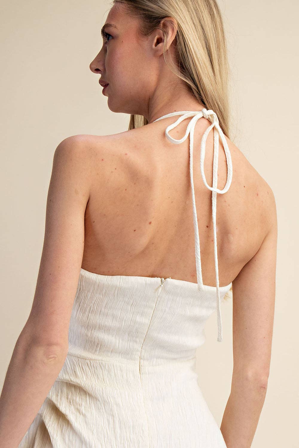 Cascade Midi Dress - Ruched A Line Textured Halter - WHITE