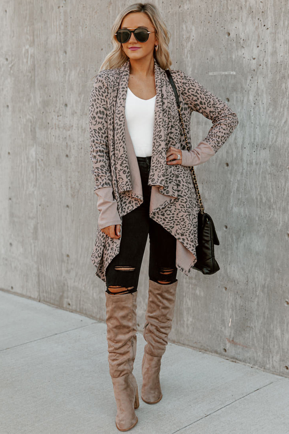 Long Cardigan Cheetah Print Cowl Neck Open Front