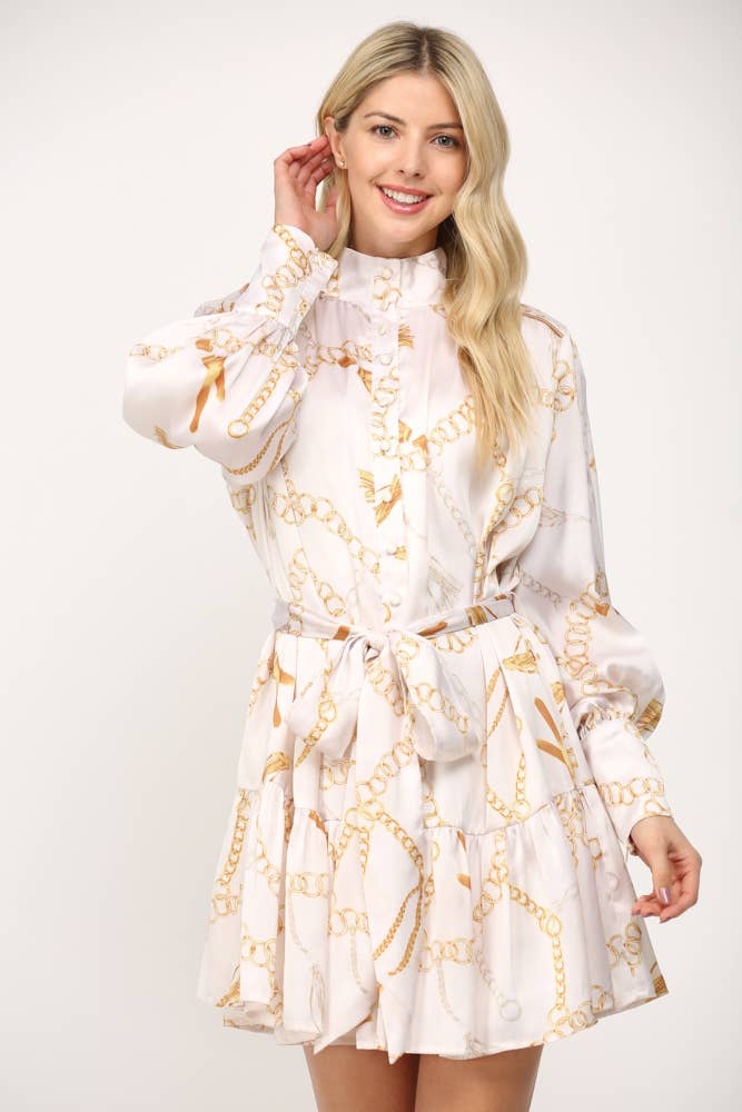 CHAIN PRINT SATIN STAND COLLAR TIE WAIST DRESS FD30321