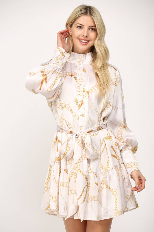 CHAIN PRINT SATIN STAND COLLAR TIE WAIST DRESS FD30321