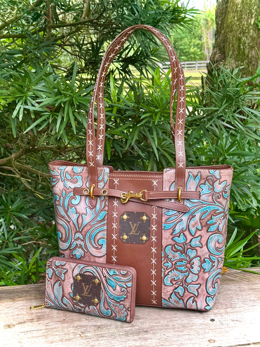 Upcycled LV Leather Tote Wallet Set Shoulder Bag Wristlet