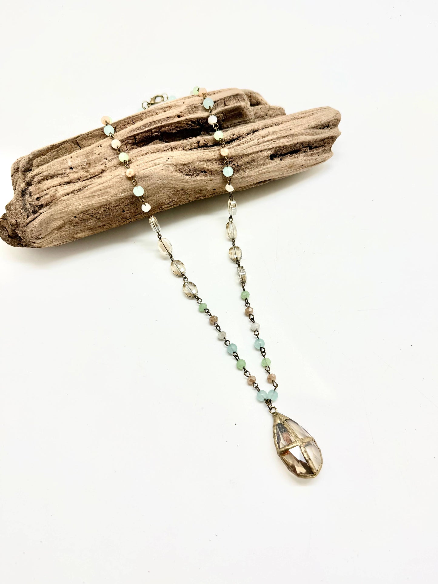 Necklace Light Multi Glass(6mm)w/Beveled Glass w/Cross 24”