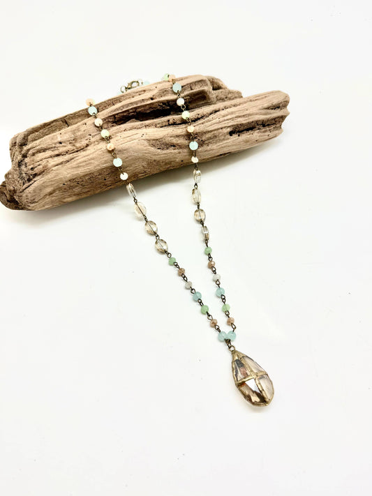 Necklace Light Multi Glass(6mm)w/Beveled Glass w/Cross 24”