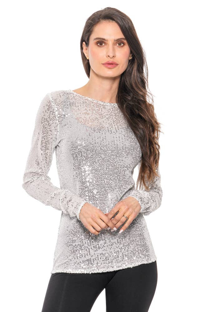 Silver Sequin Mesh Long Sleeve Top