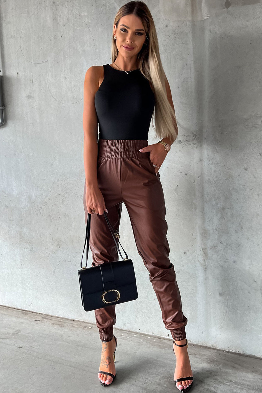 Smocked High Waist Leather Skinny Pants