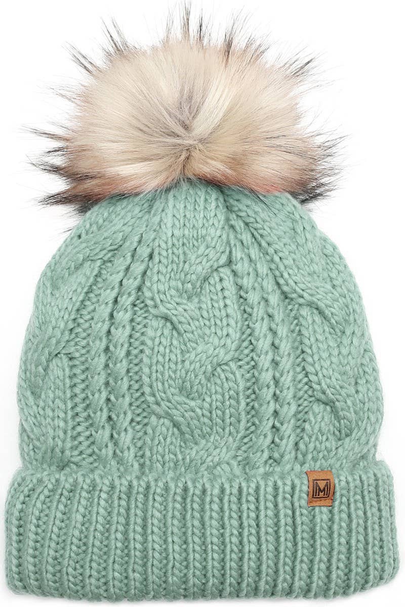 Women's Faux Fur Pom Beanie Hat with Sherpa Lining