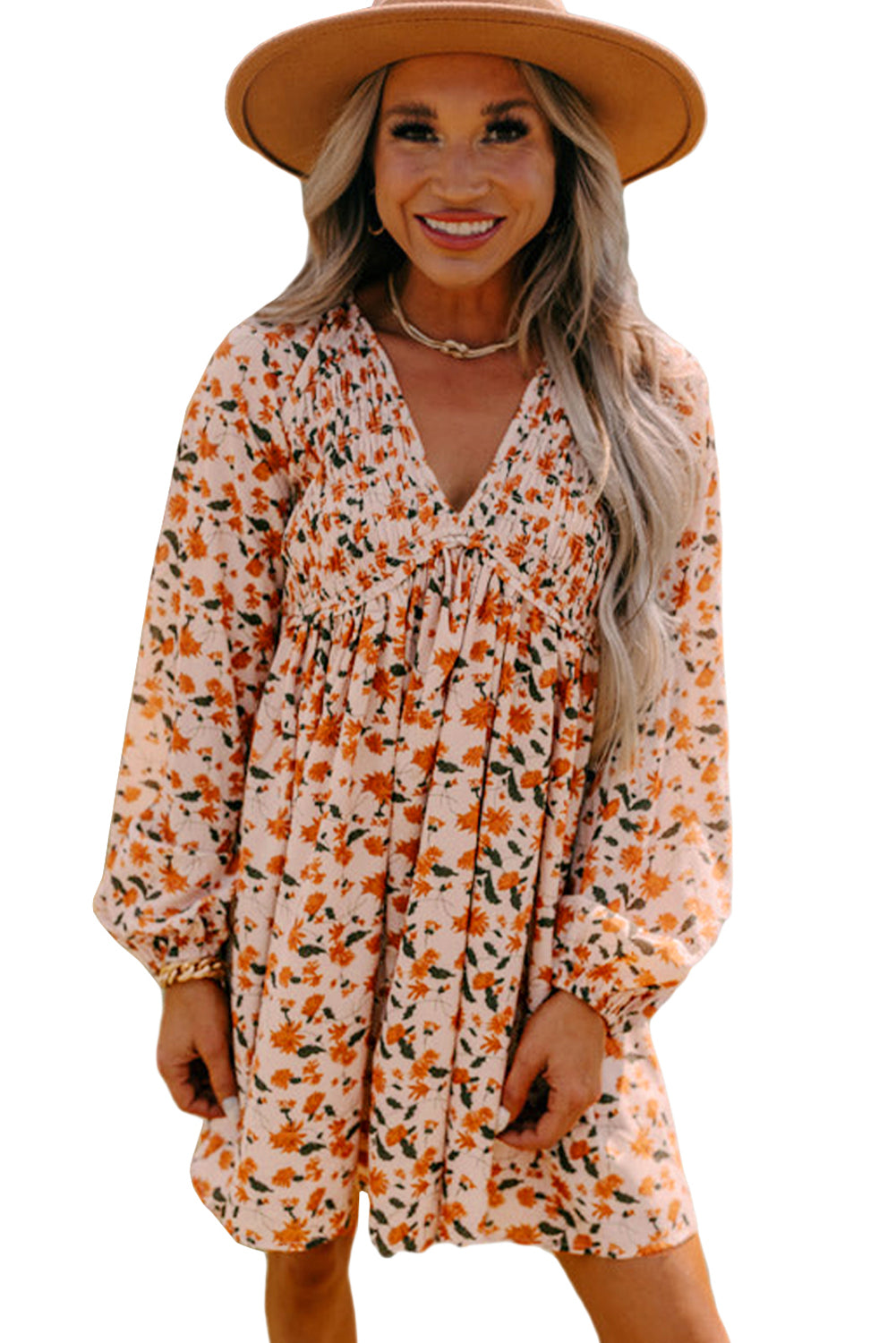 Black Floral Smocked V Neck Bubble Sleeve Babydoll Dress