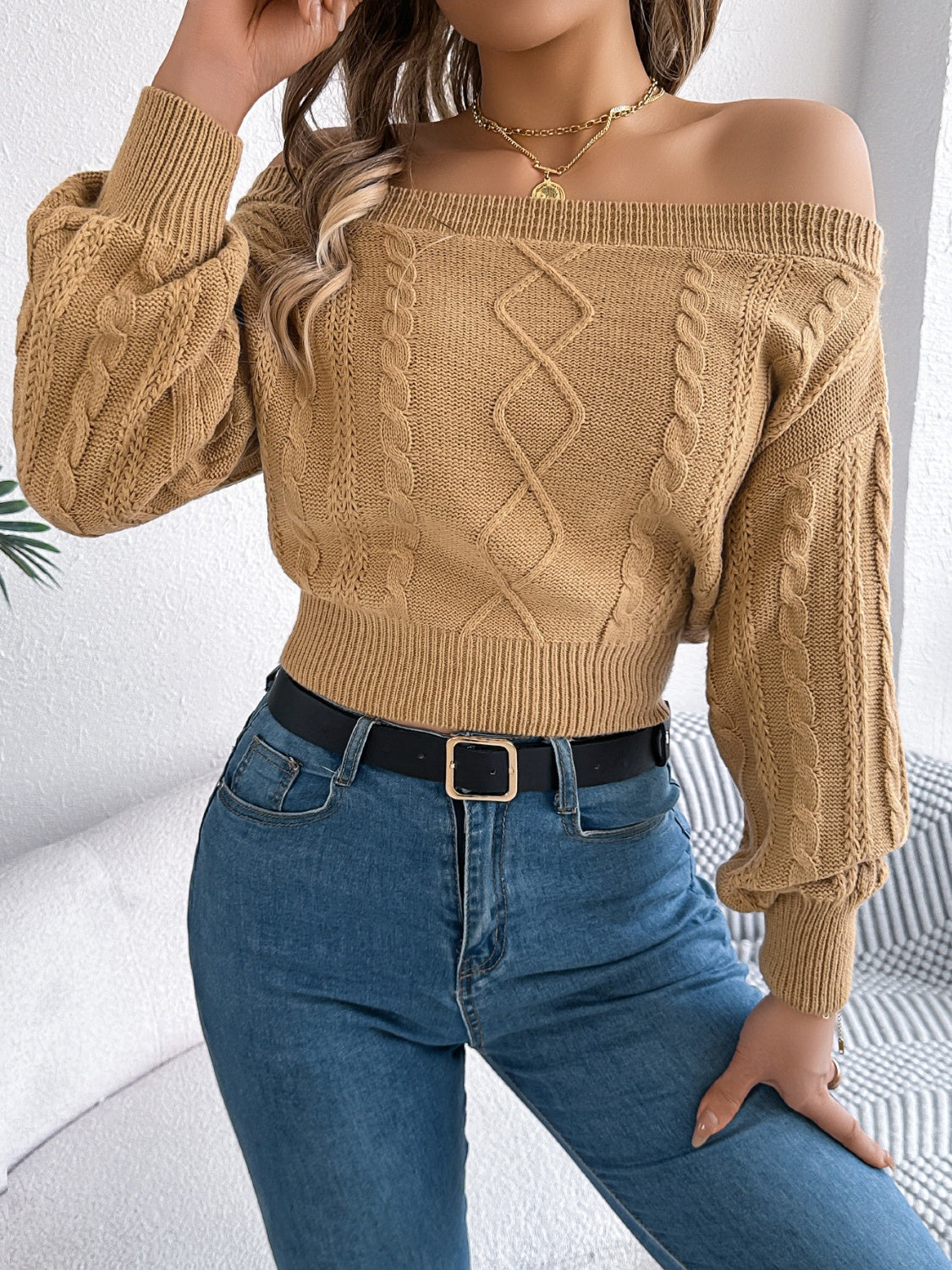 Knit Off-Shoulder Long Sleeve Sweater