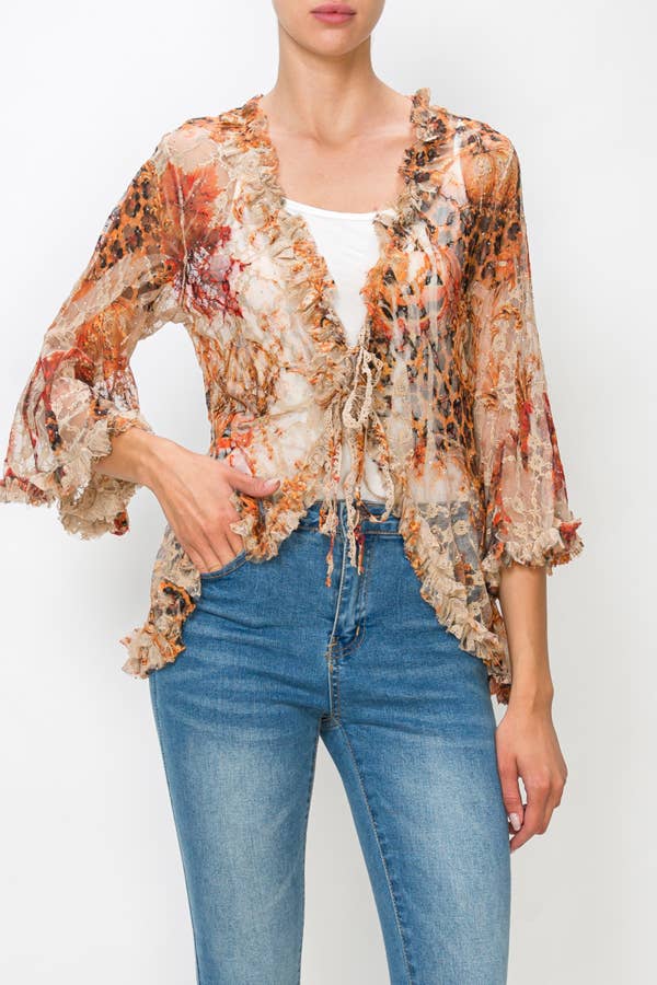Sparkly Sheer Lace Tie-Front Cardigan