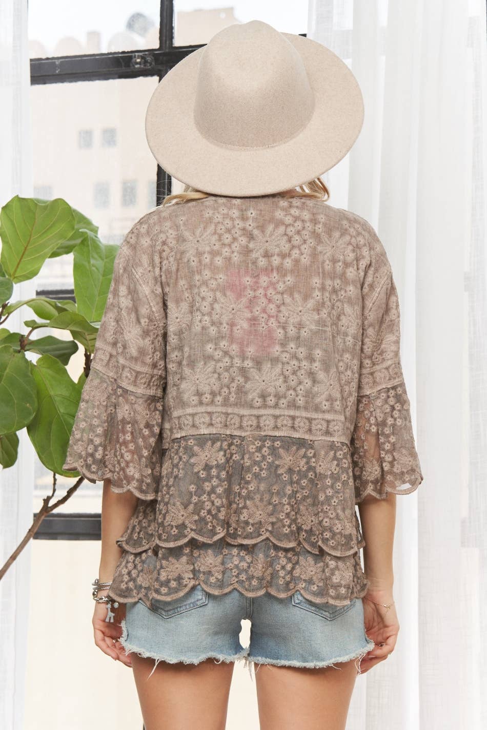 BELL SLEEVES LACE BLOUSE SCALLOP EDGE